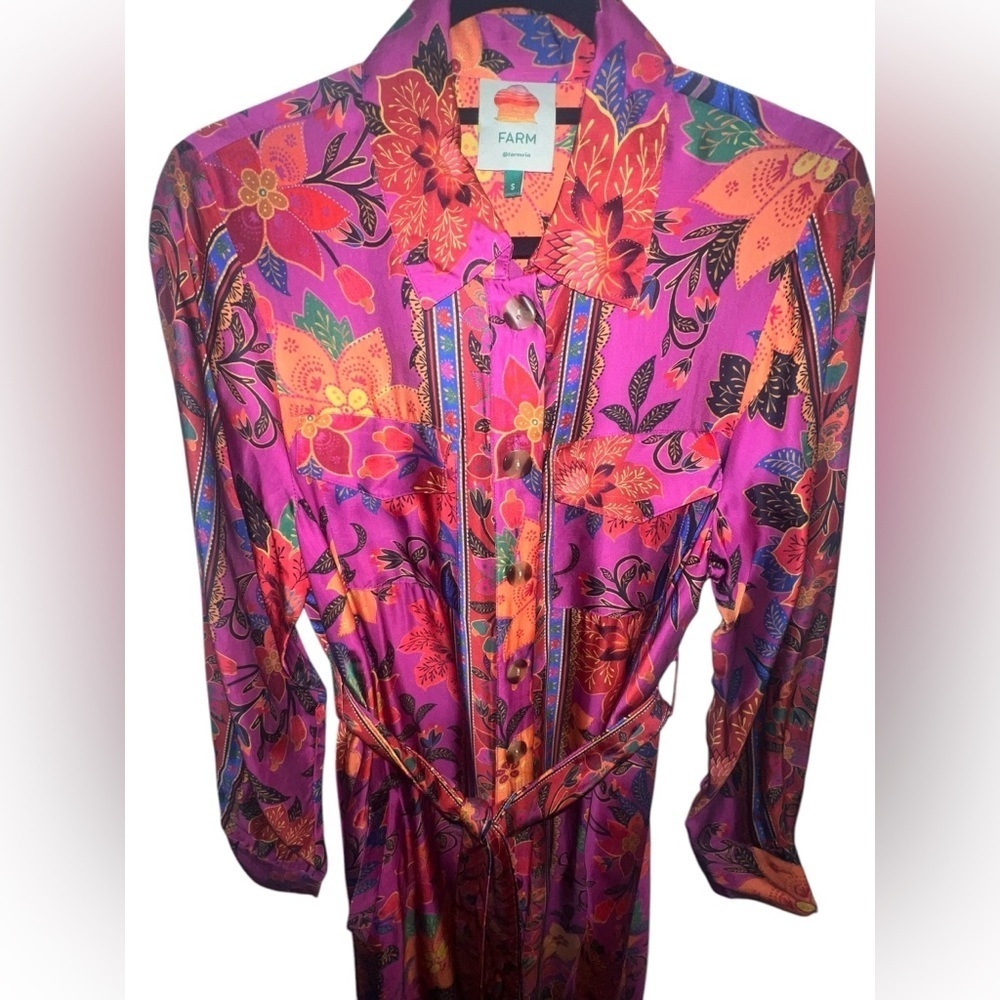 {FARM Rio Floral Pink Tropical Print Midi Shirt Dress Tapestry Size Small}
